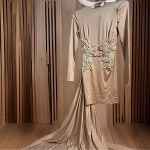 Champagne/ Tan Long Sleeve Mini Sash Dress